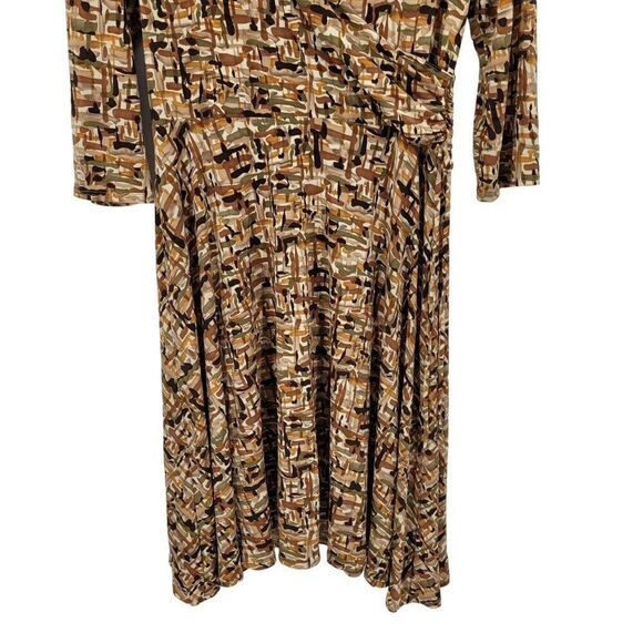 Vintage Slinky Stretch Faux Wrap Dress XL Brown Geometric Gathered Waist Mod USA - Picture 9 of 11